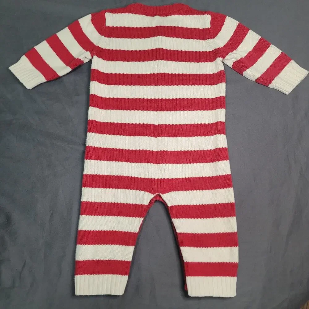 Cherokee Baby Knit Sweater Romper Red White Stripe Henley Long Sleeve One Piece